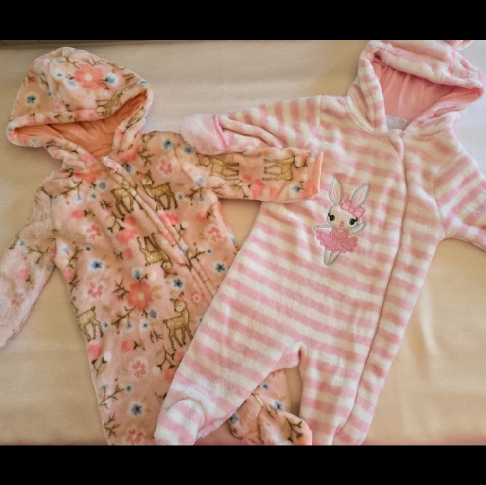 Set Of 2 Baby Girl's Fleece Zip Up Footie One Piece 0-3M